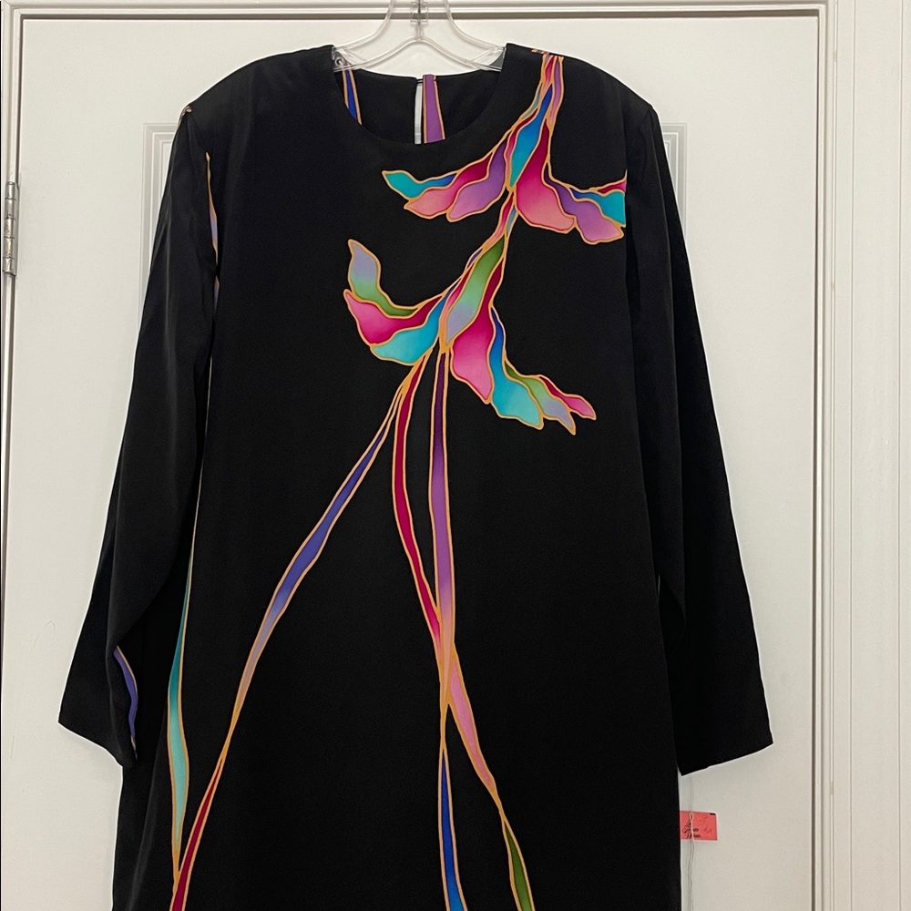 Yolanda Lorente Hand Painted 100% Silk Vintage Dress Size 2X Wearable Art - Picture 2 of 11